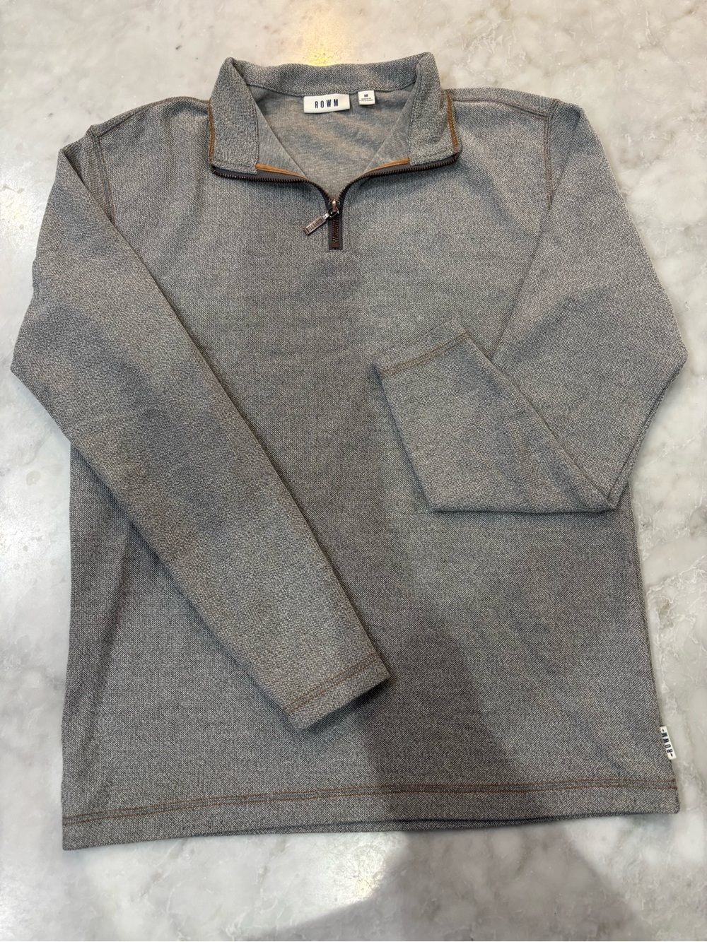 ROWM Men's Gray Zip-Neck Sweater with Subtle Tan Trim